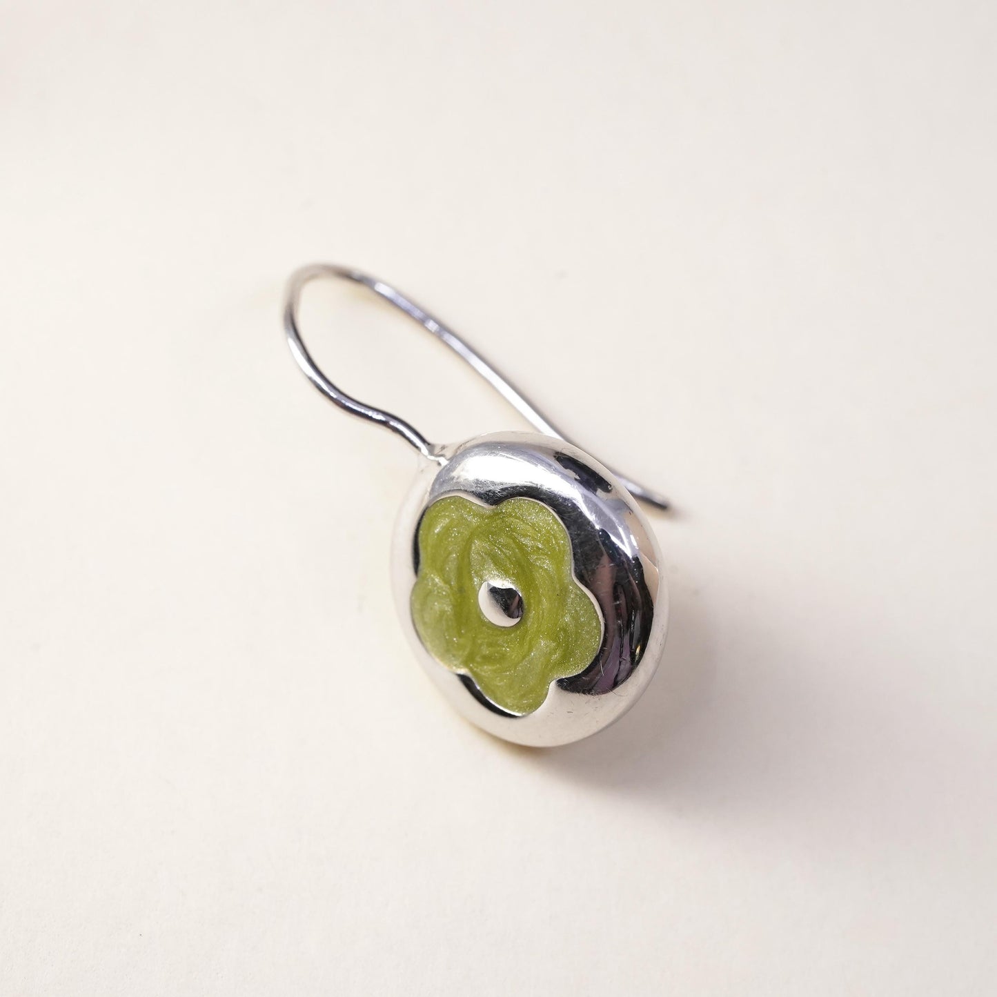 Vintage handmade single earring. Sterling 925 silver green enamel flower