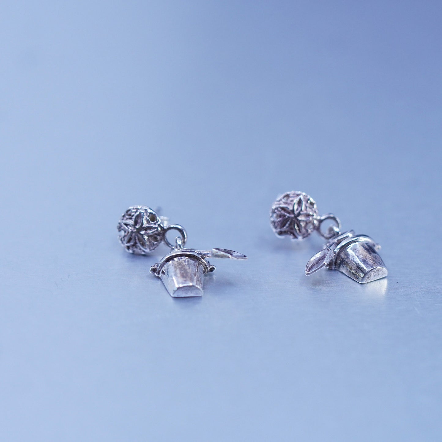 Vintage Sterling 925 silver handmade earrings with bucket shovel dangles