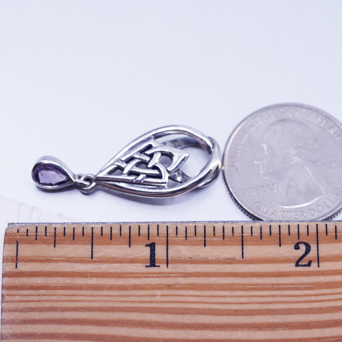 Vintage sterling 925 silver Irish Celtic knot teardrop pendant amethyst charm