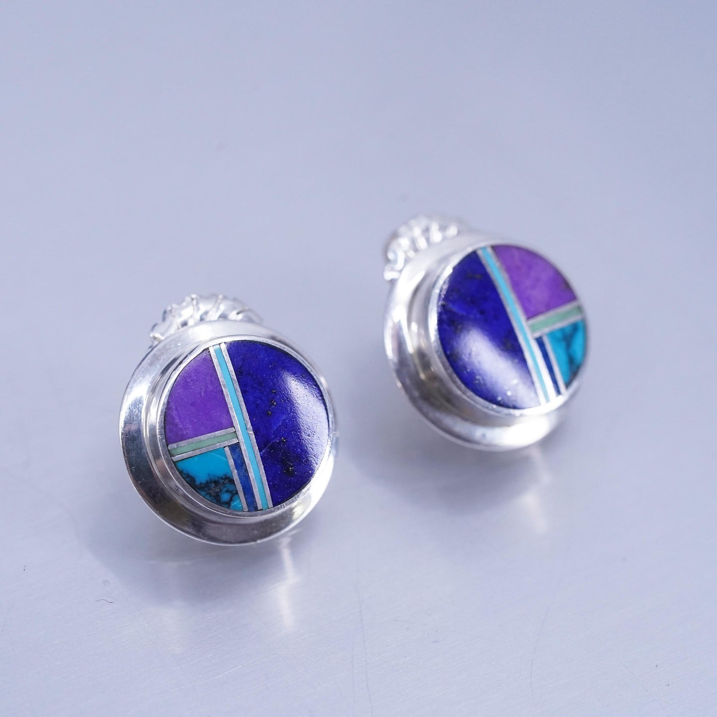 Native American Zuni W Sterling 925 silver earrings, studs turquoise lapis