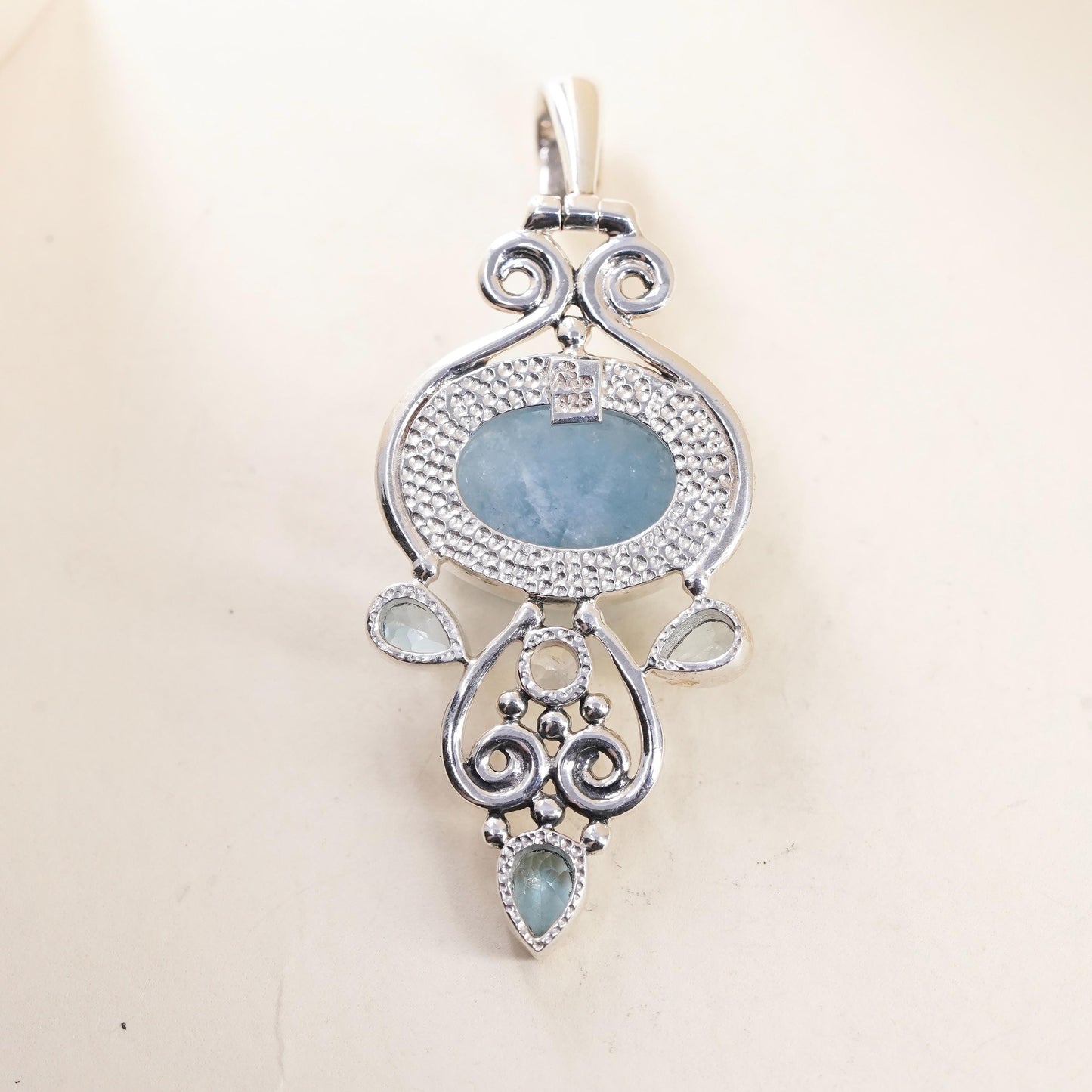 Vintage ARYA Aquamarine Blue Topaz Moonstone Sterling Silver Pendant, Statement Jewelry, Artisan Gemstone, stamped 925 Arya