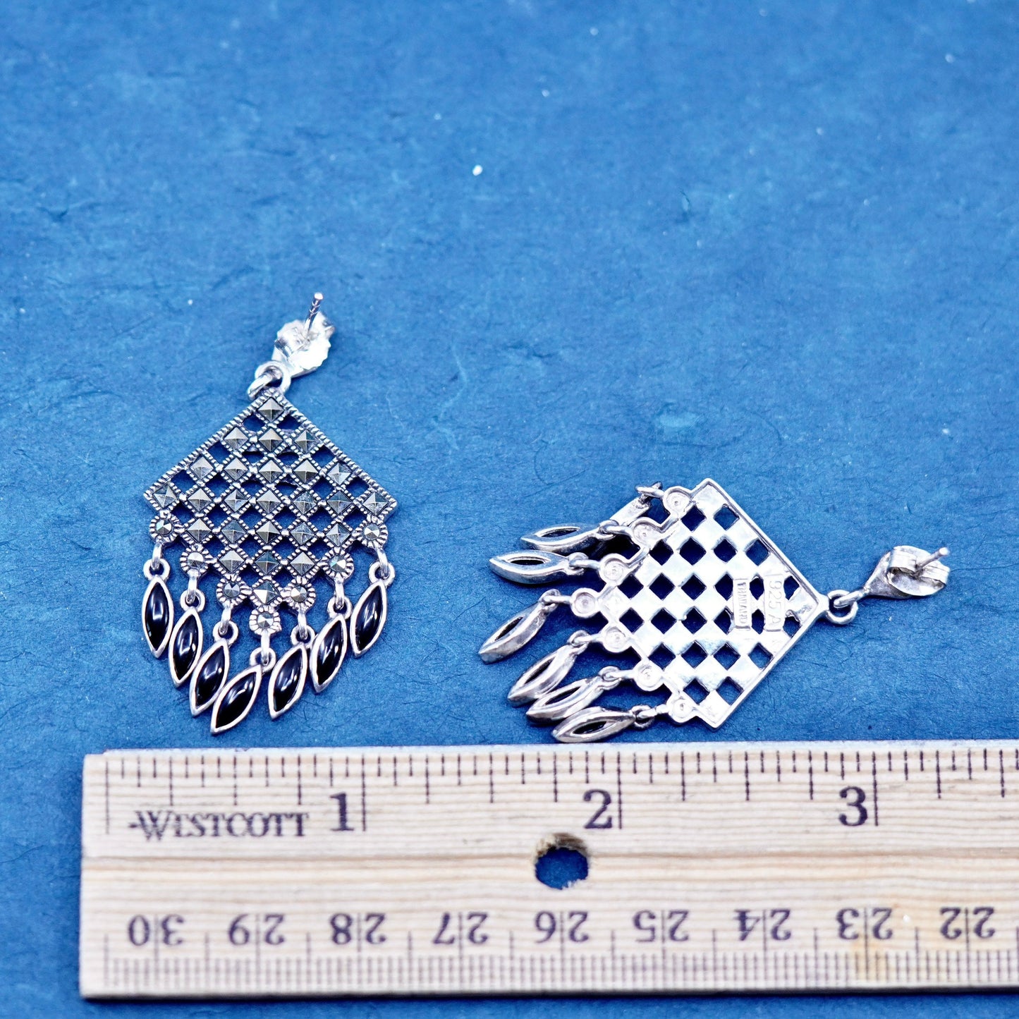sterling 925 silver diamond shaped earrings with marcasite onyx fringe
