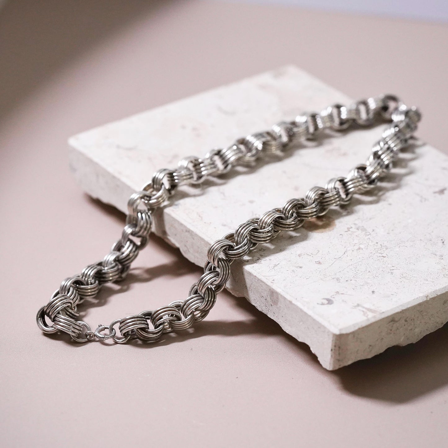 14”, vintage Sterling silver necklace, 925 entwined circle link chain choker
