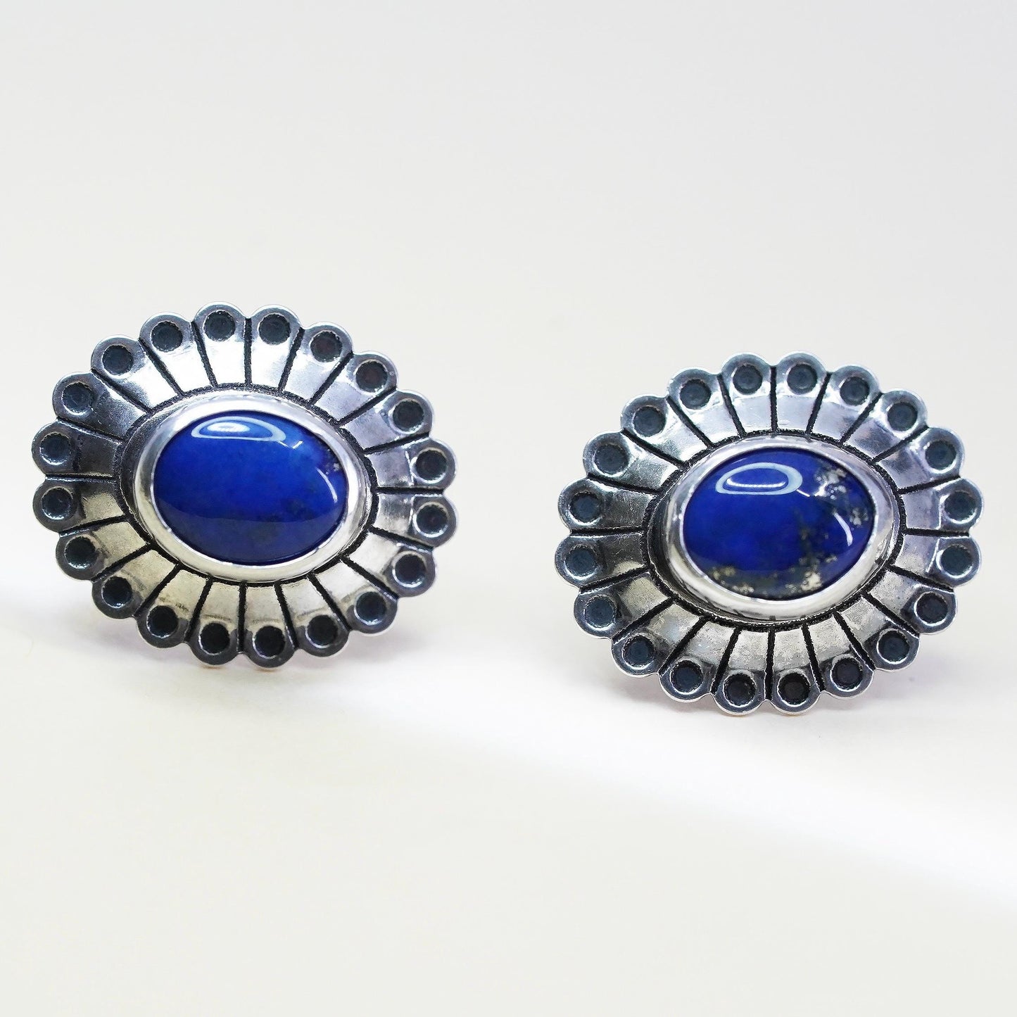 Vintage southwestern Sterling silver earrings, 925 oval studs with lapis lazuli