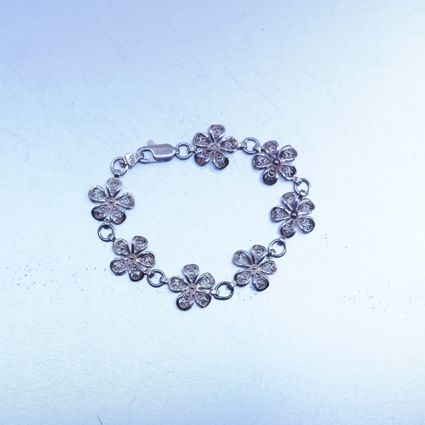 5.5”, vintage Sterling 925 silver handmade filigree flower bracelet