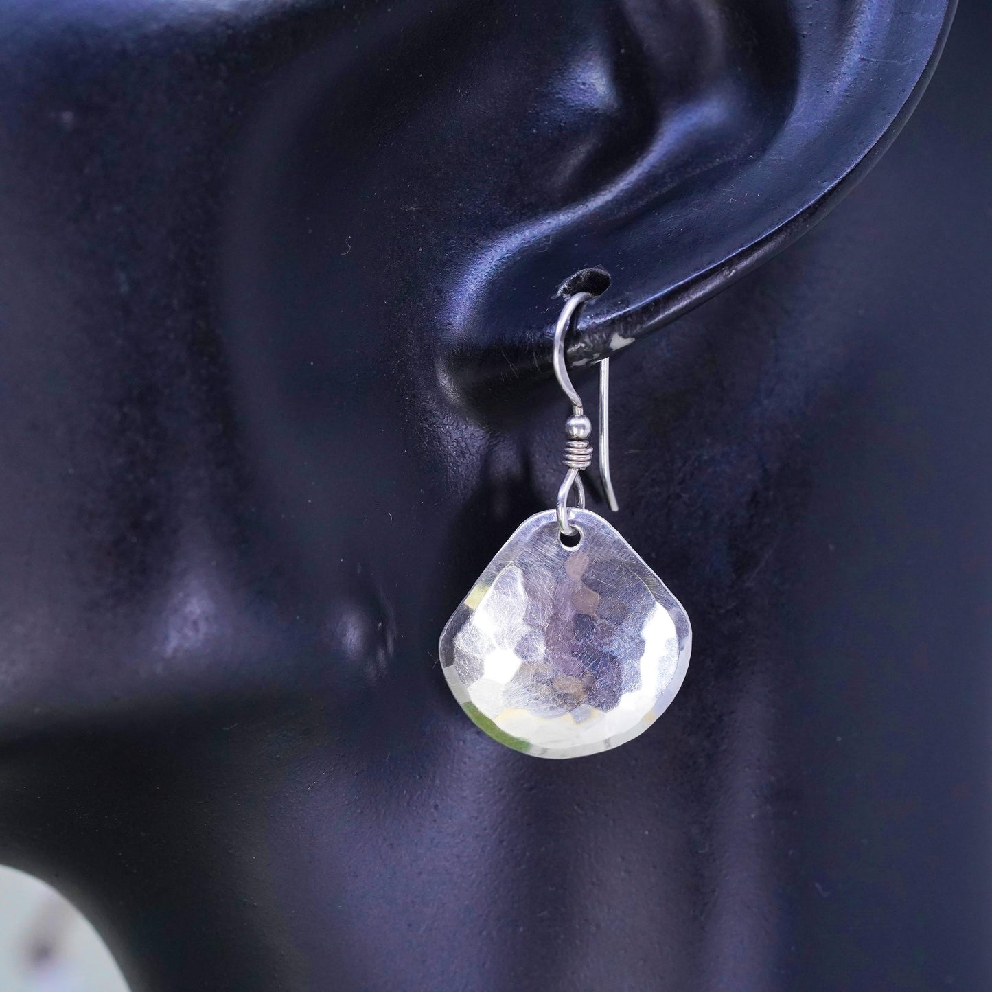 Vintage Sterling 925 Silver Hammered triangular disc Earrings