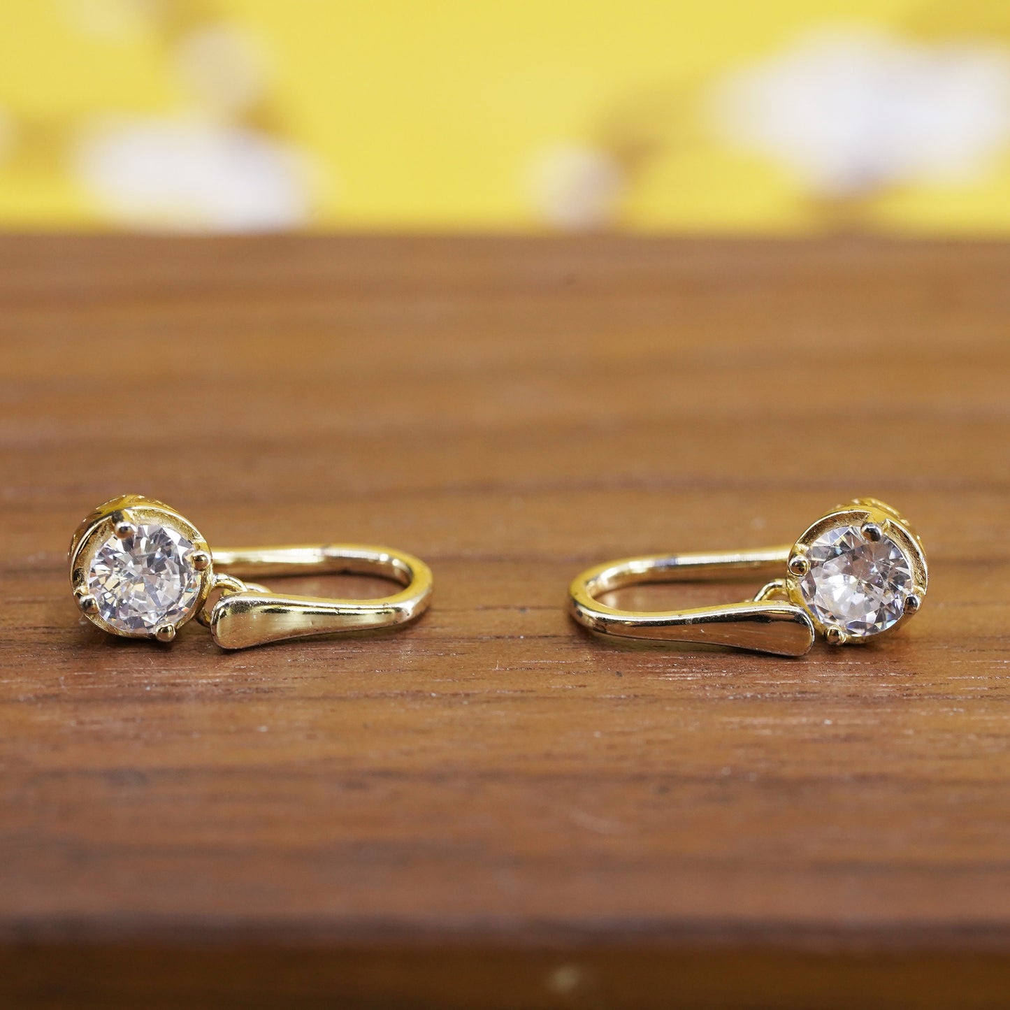 Vintage Vermeil gold over Sterling silver earrings, 925 hooks with heart Cz