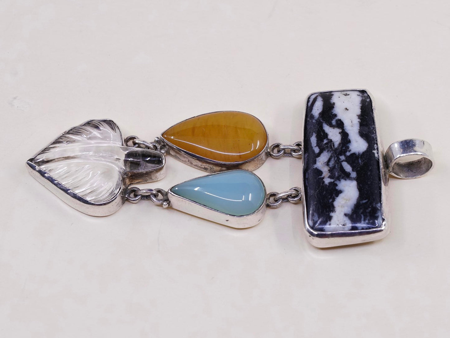 VTG sterling silver handmade pendant, 925 w/ marble, carnelian, jade n crystal