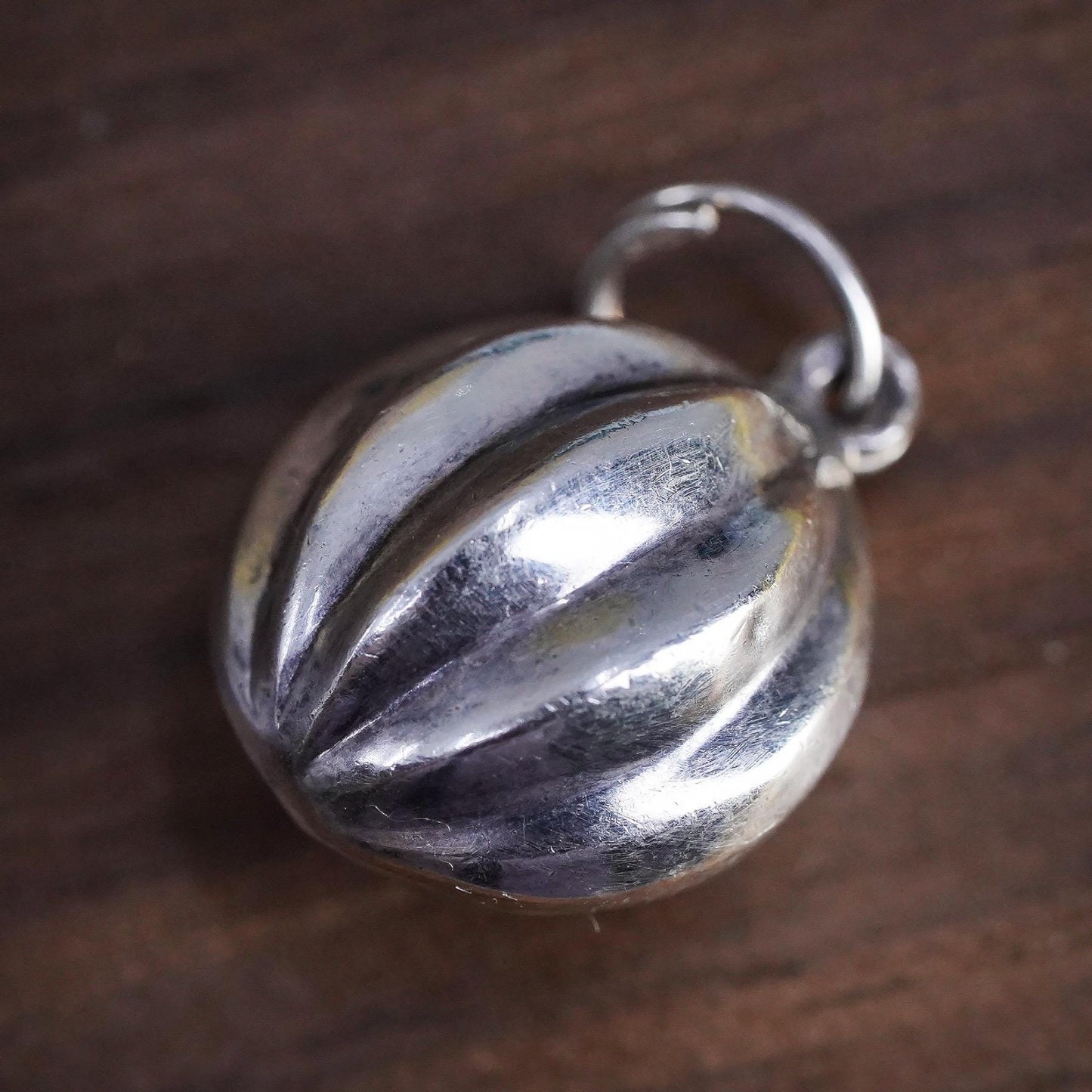 Vintage Sterling silver handmade ribbed ball charm, 925 pendant