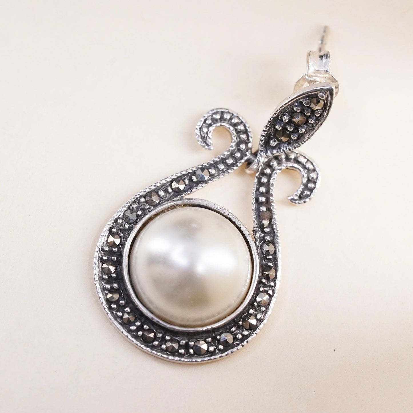 handmade single earring. Sterling 925 silver teardrop dangle pearl marcasite