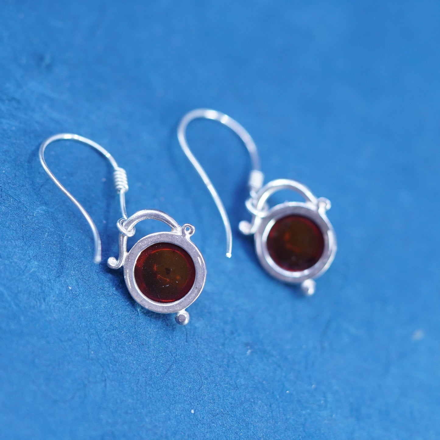Vintage sterling 925 silver handmade earrings with round amber