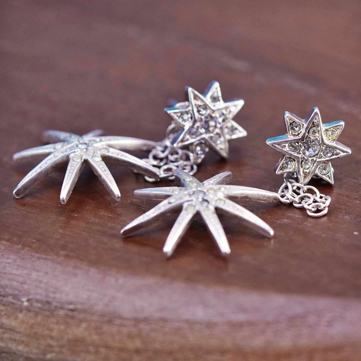 Vintage Sterling Silver handmade Earrings. 925 star dangles with cz