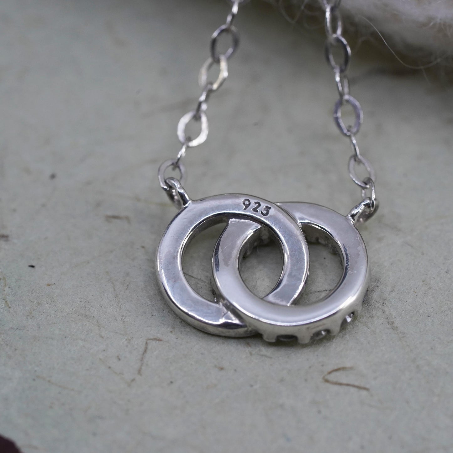 16", 1mm, sterling silver flatten chain necklace entwined circle pendant cz
