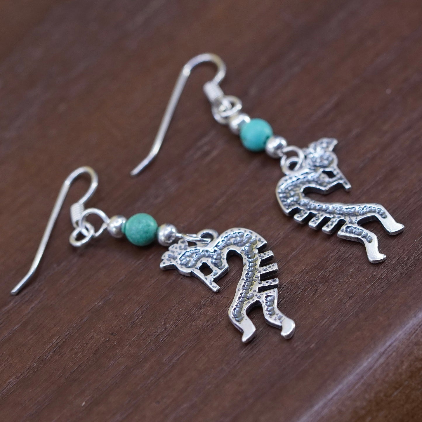 Native American Sterling silver earrings, 925 Kokopelli drops w/ turquoise bead