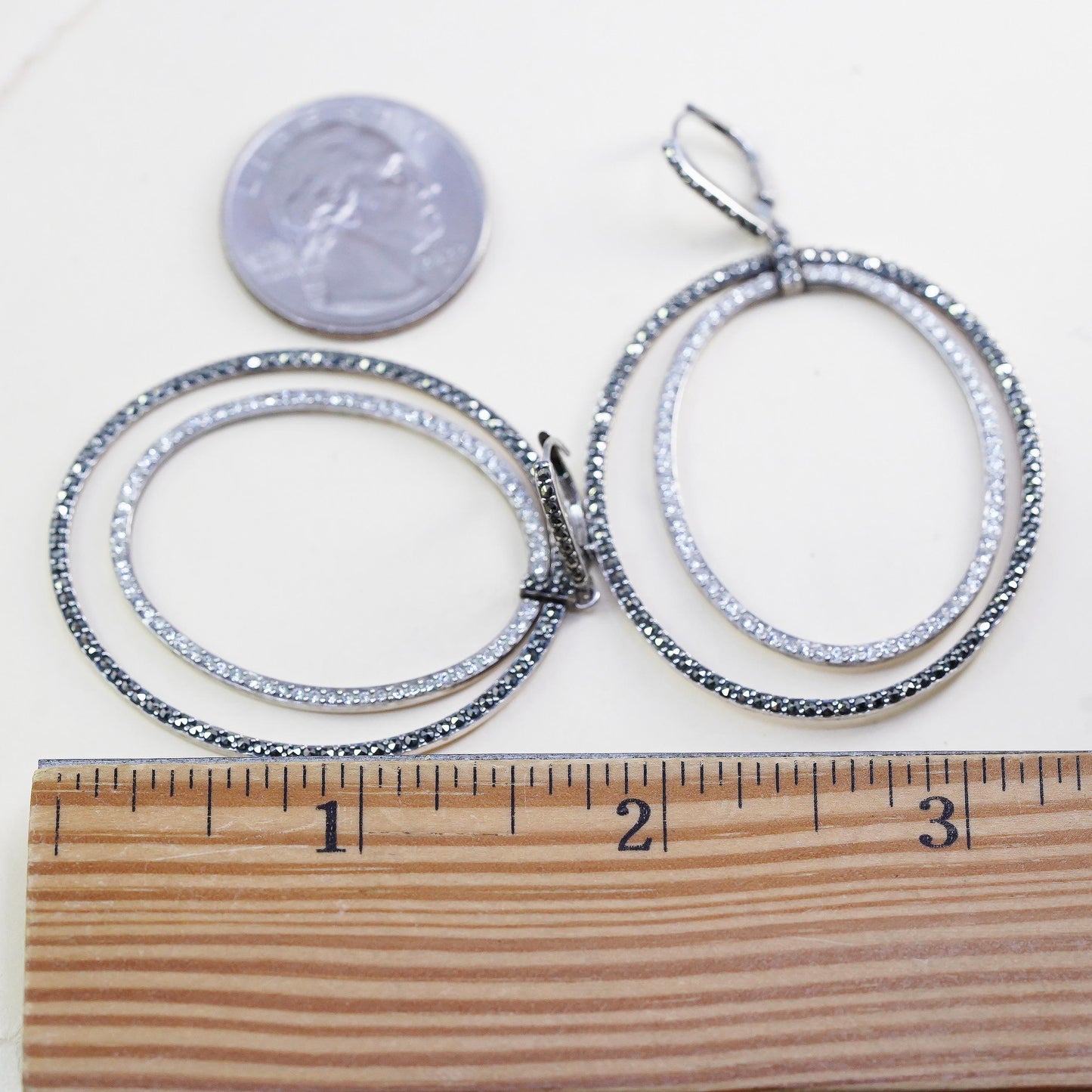 VTG Judith Jack 925 Sterling Silver Double Oval Hoops, Marcasite CZ Earrings