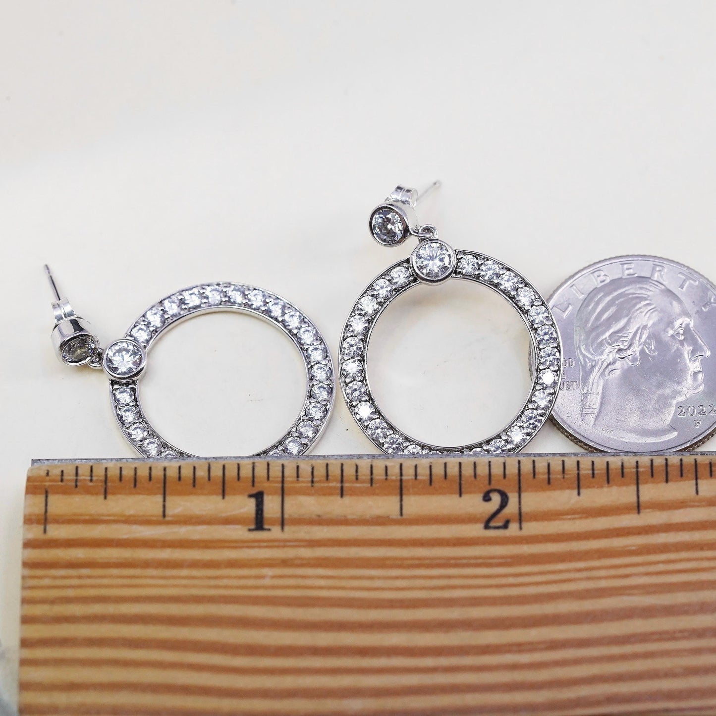 Vintage Sterling 925 silver handmade earrings, circle cluster Cz dangles