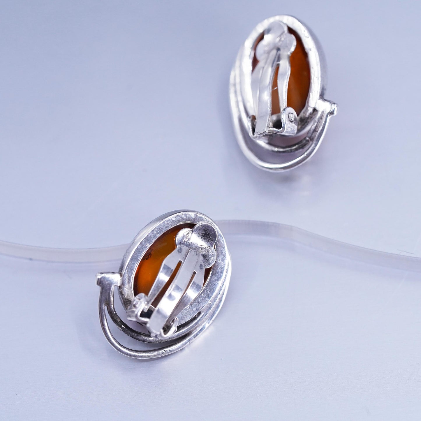 Vintage Sterling 925 silver handmade earrings, oval clip on with amber