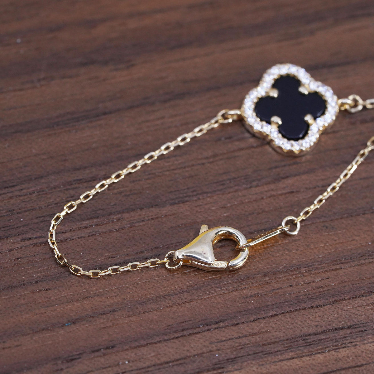 7.5”, Vermeil gold sterling silver bracelet, 925 lucky onyx clever cluster Cz