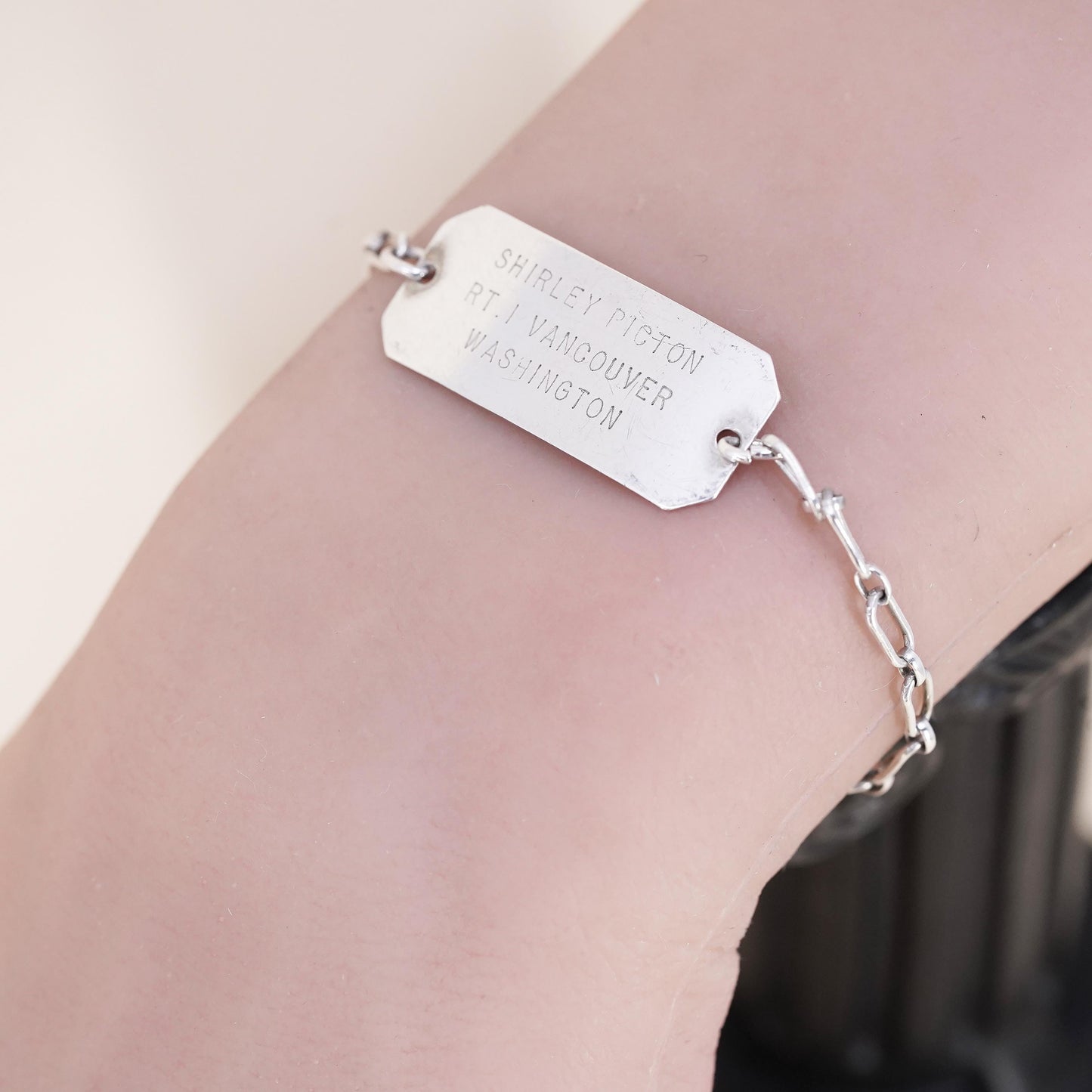 5.5" 3mm, Vintage Monet sterling silver bracelet, 925 elongated chain name tag