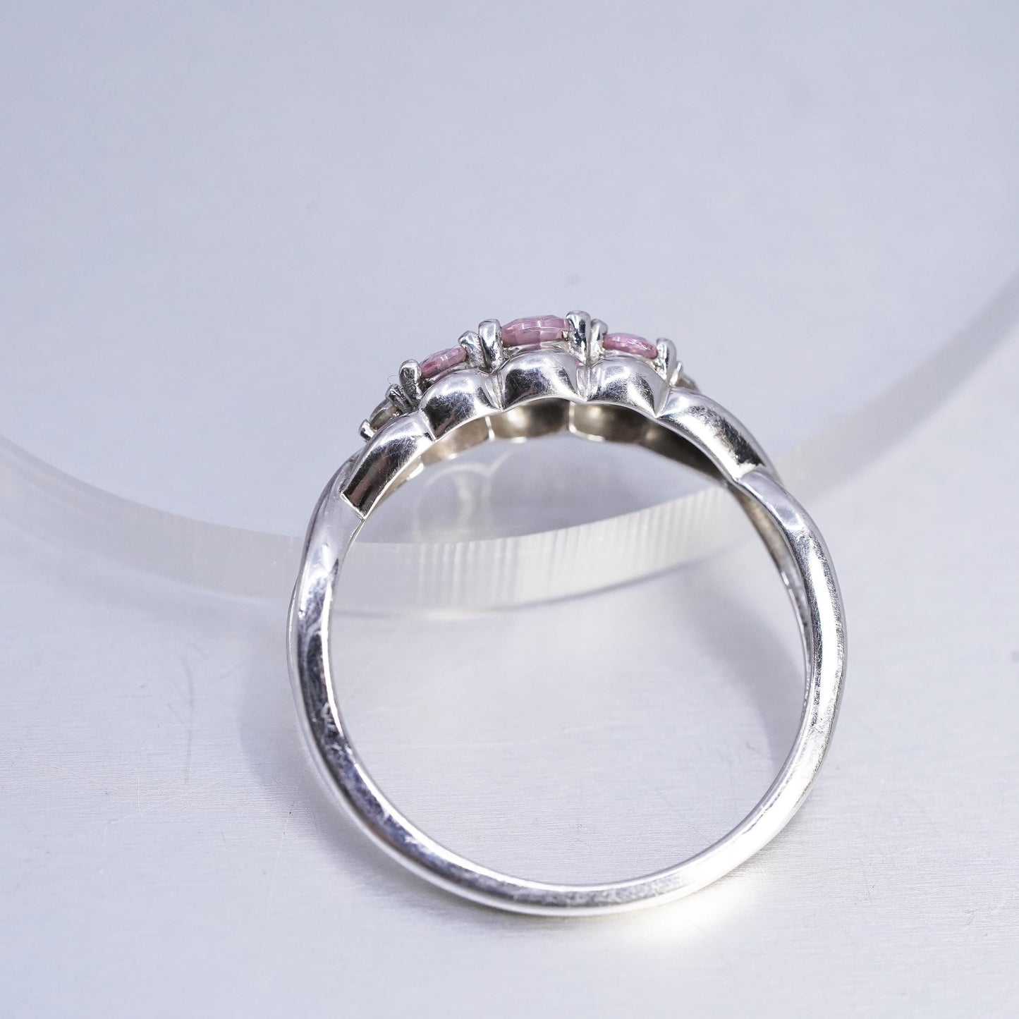 size 9.25, Vintage Sterling Silver Ring, 925 Engagement Ring with pink crystal