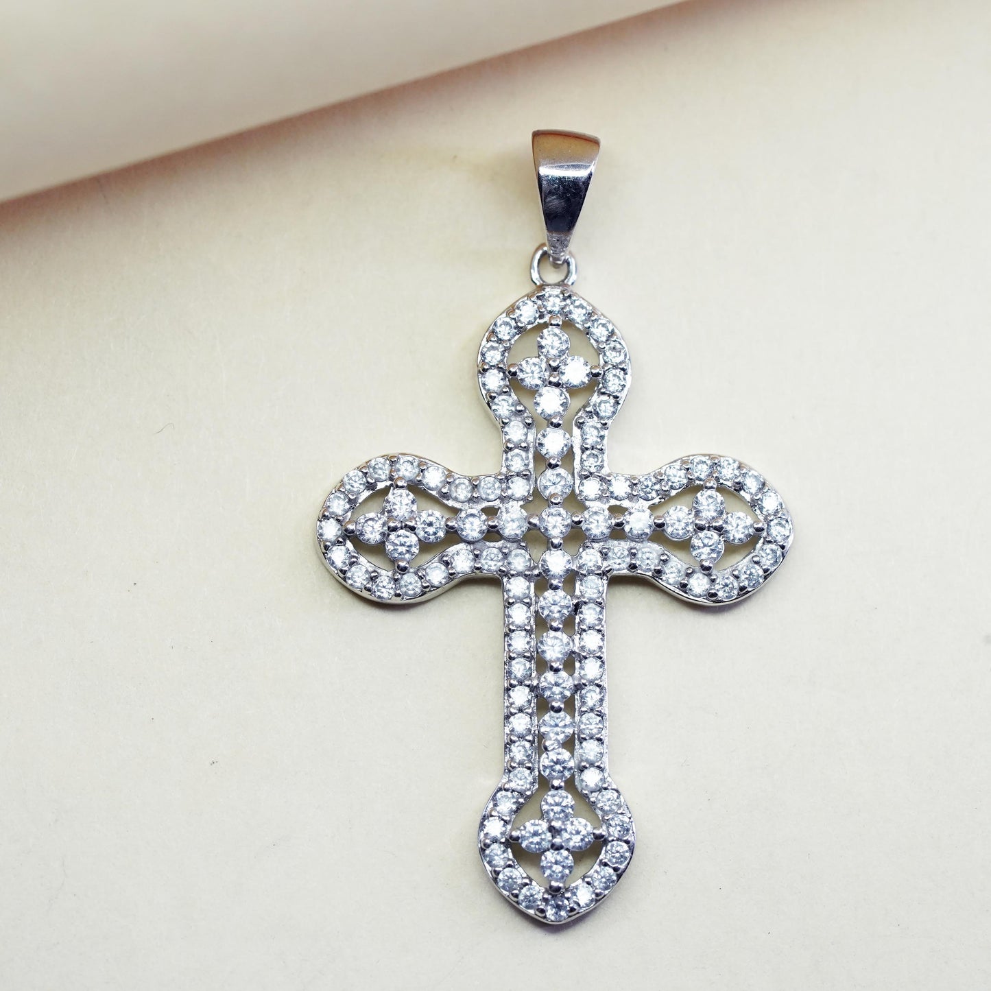 Vintage sterling silver pendant, 925 cross pendant with cluster Cz