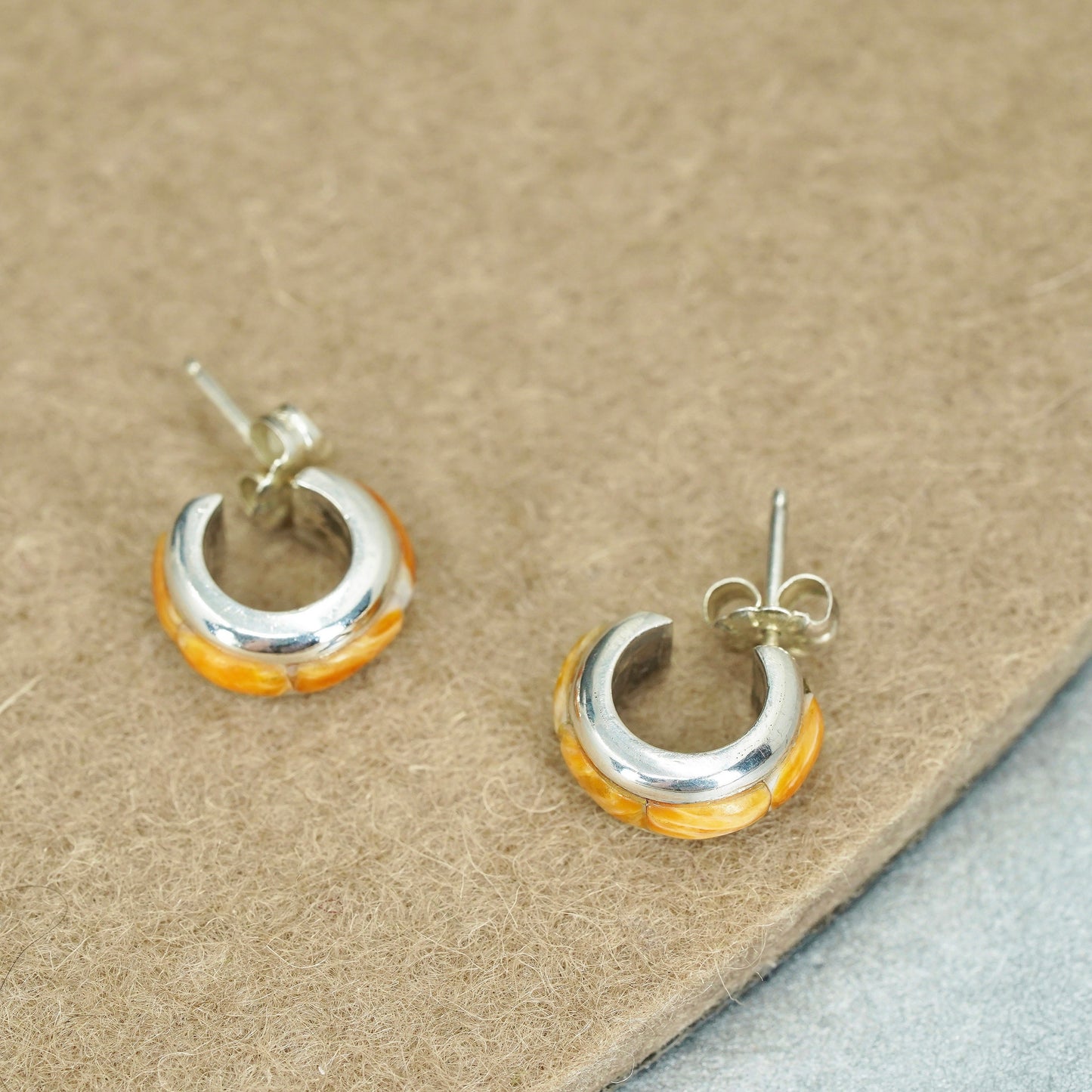 Native American Navajo Sterling 925 silver earrings, huggie studs with coral