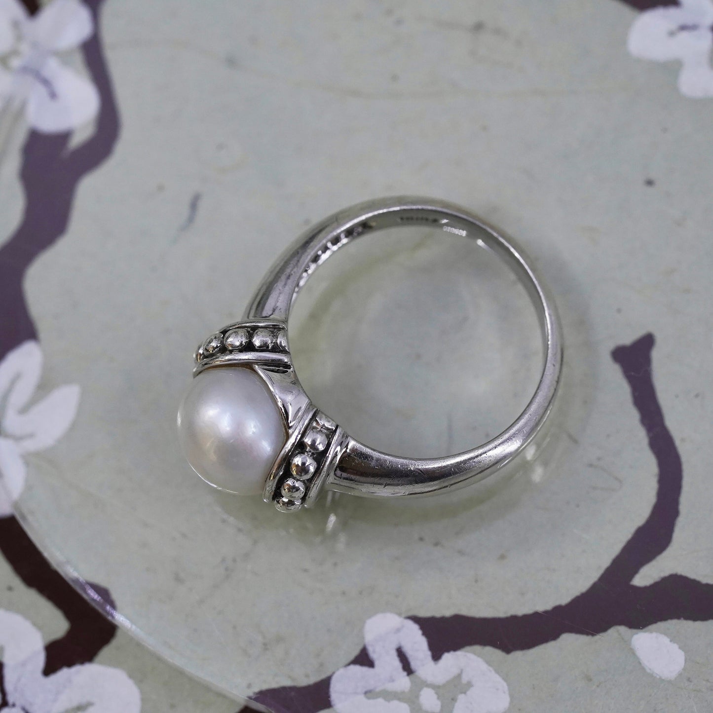 Size 7, Vintage sterling 925 silver handmade ring with pearl and beads