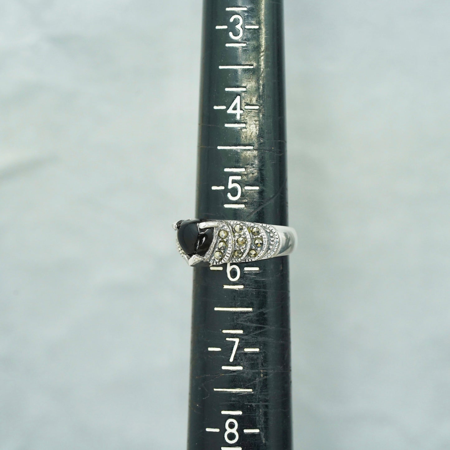 Size 5.5, Sterling 925 silver heart handmade ring with onyx and marcasite