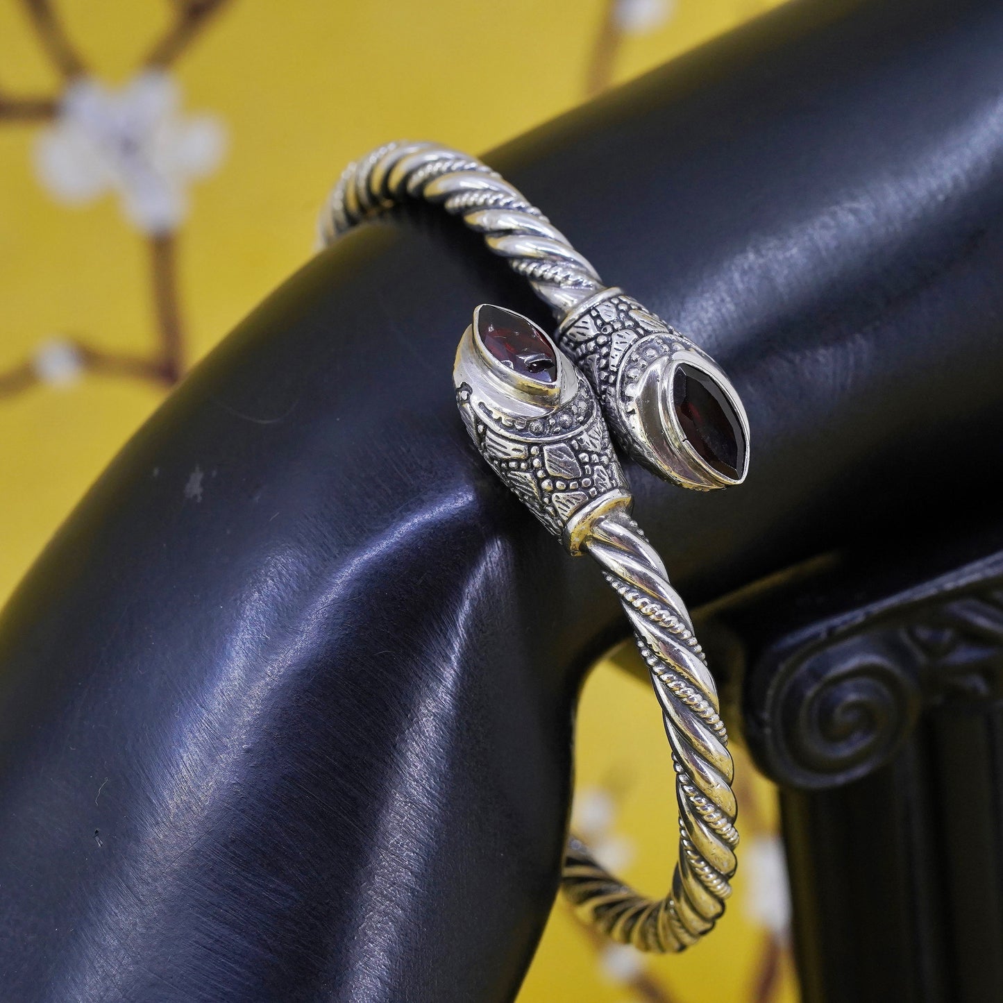 6.75", Vintage sterling silver bracelet, 925 silver cable bangle with ruby ends
