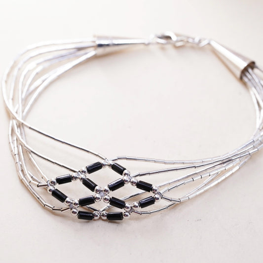 7”, Native American sterling bracelet, woven braided 925 liquid silver onyx