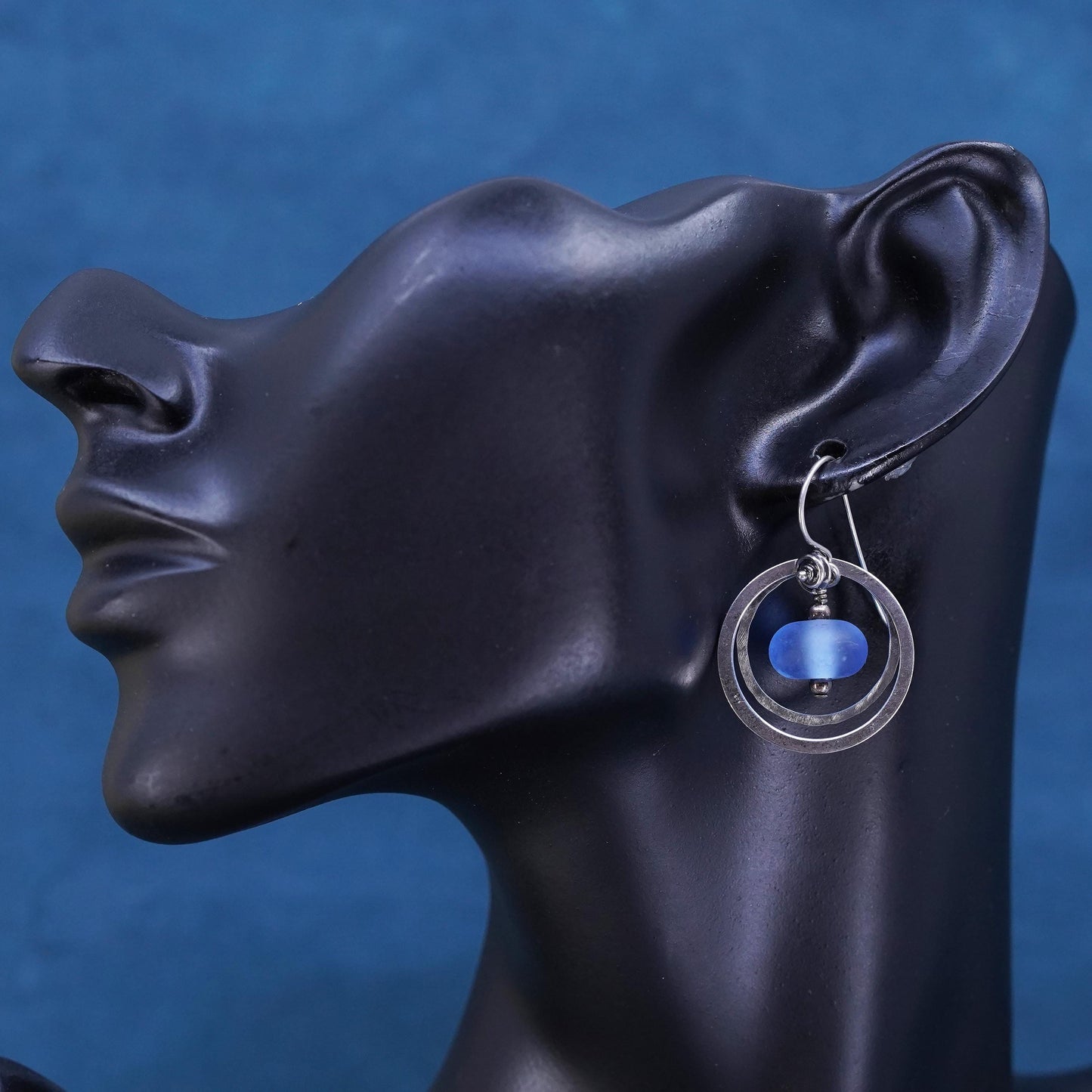 Vintage Sterling 925 silver handmade double circle earrings w/ blue glass bead
