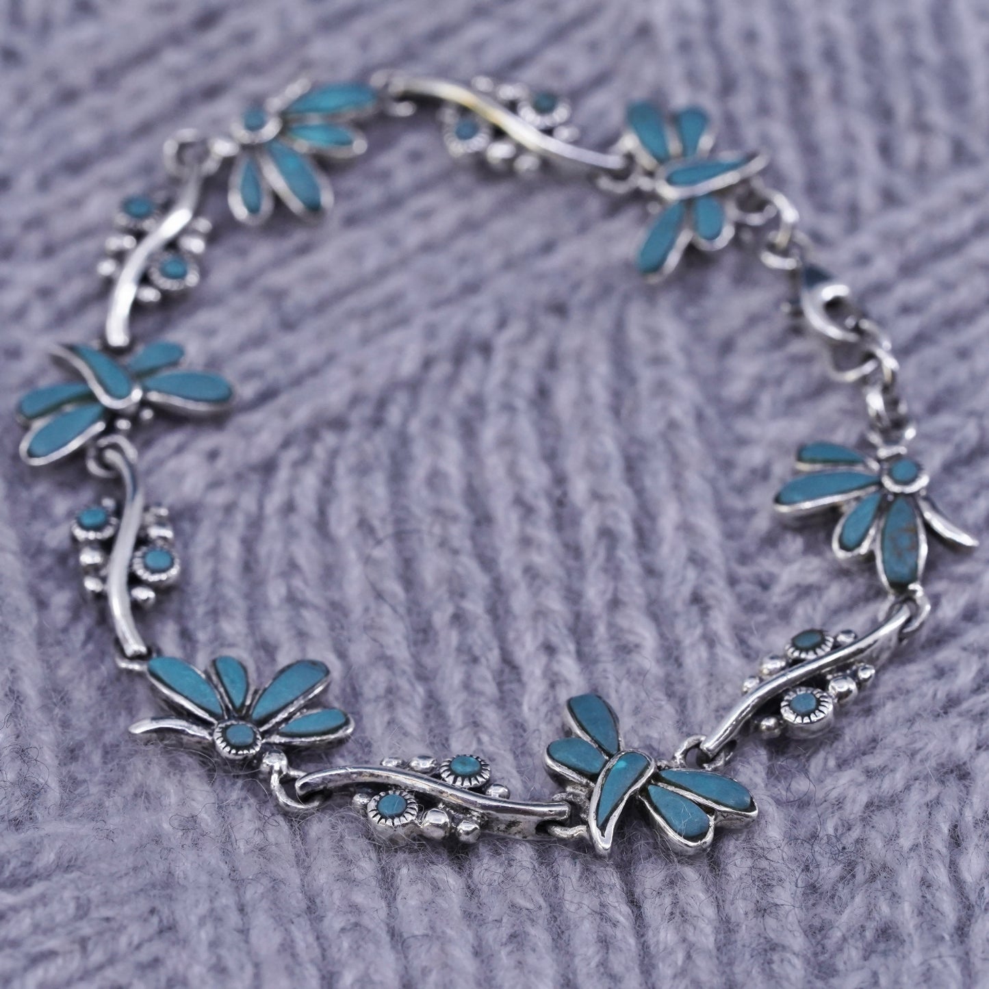 7”, vintage southwestern sterling 925 silver dragonfly bracelet with turquoise