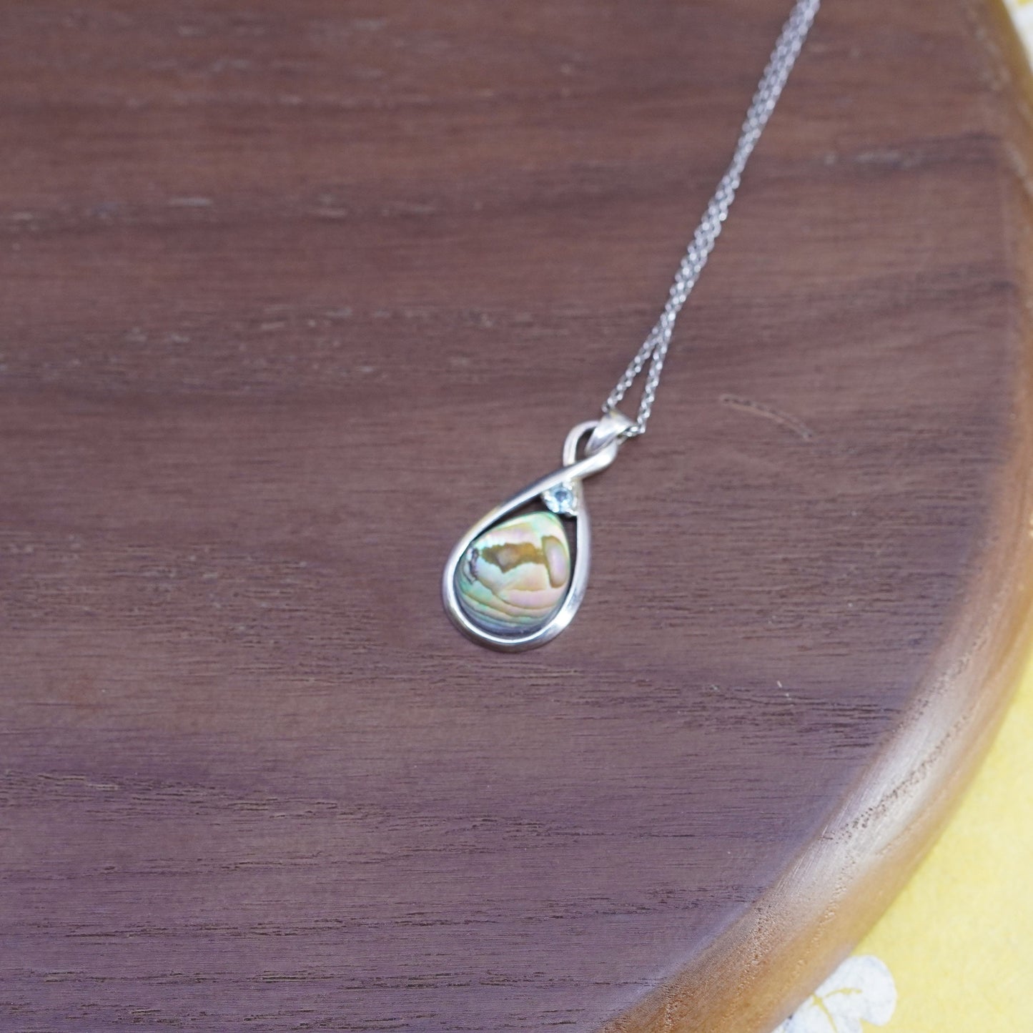 18”, sterling silver necklace, 925 circle chain teardrop abalone pendant