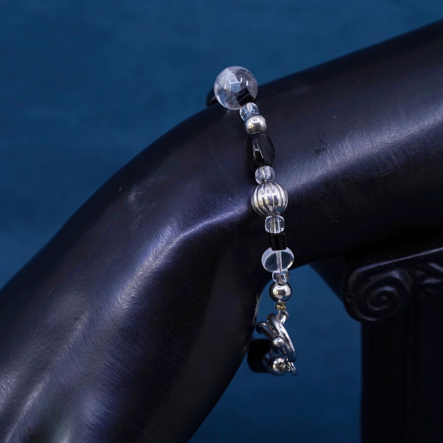 7”, VTG sterling 925 silver handmade Bali bracelet with obsidian crystal beads