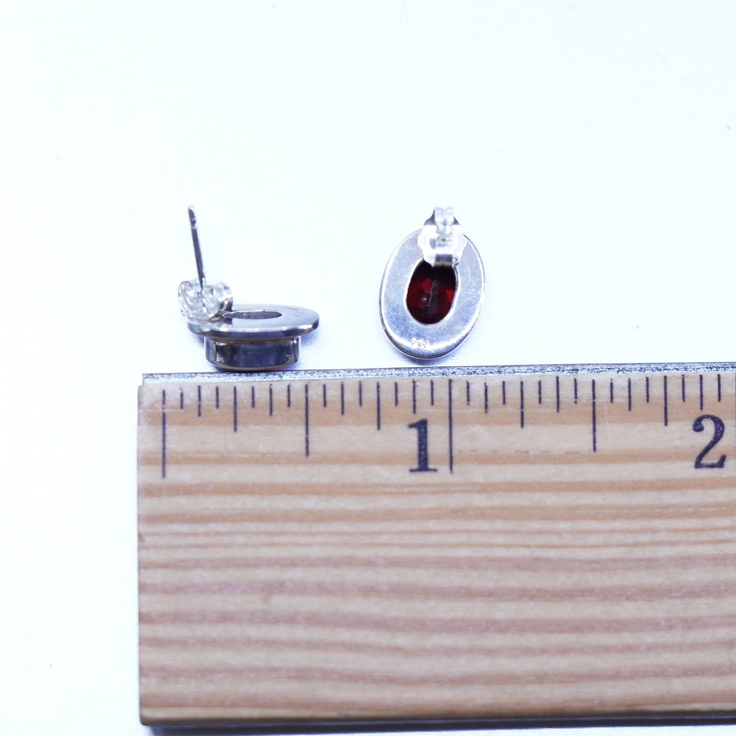 Vintage Sterling 925 silver handmade earrings, oval studs with ruby