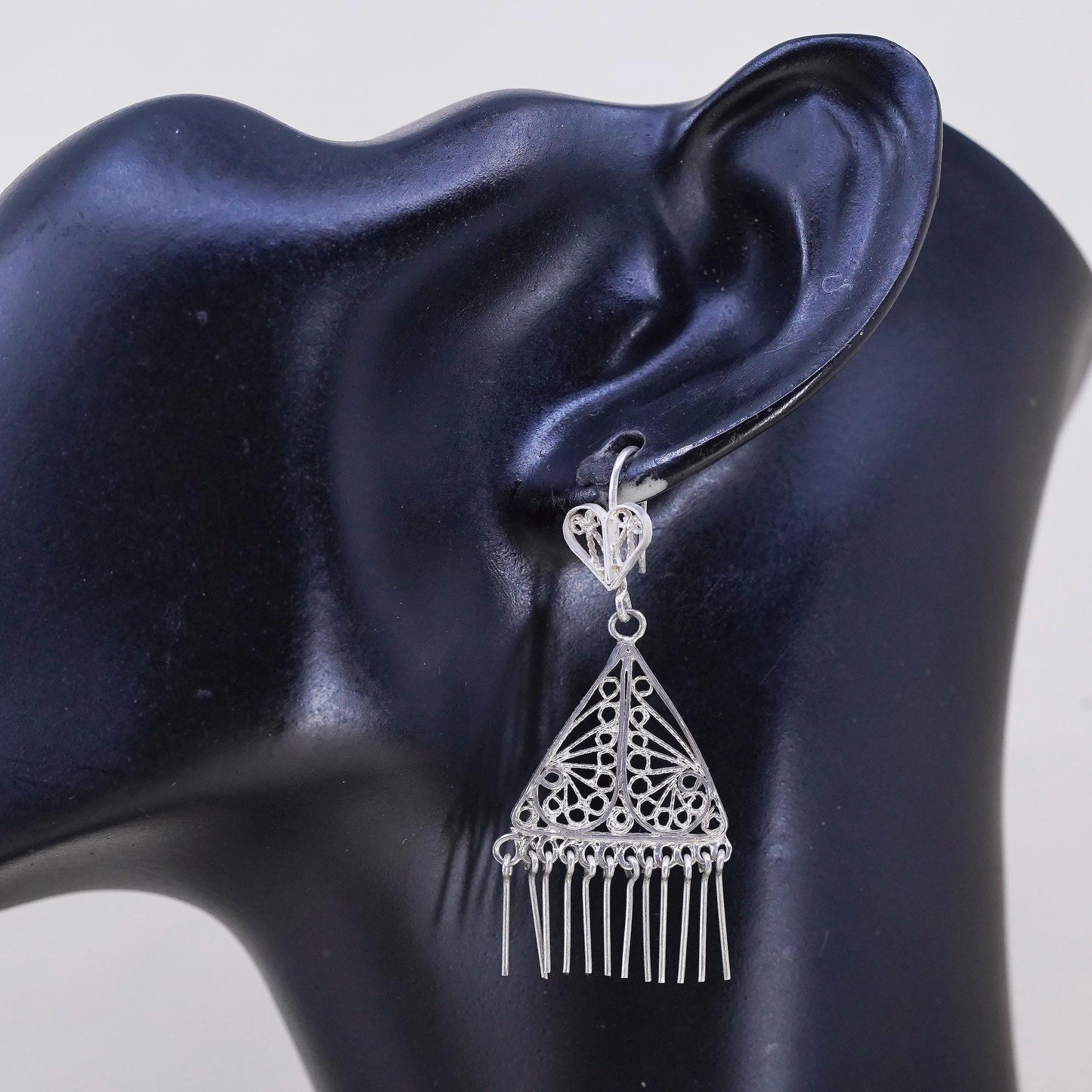 Vintage sterling silver handmade earrings, 925 filigree triangle with fringes