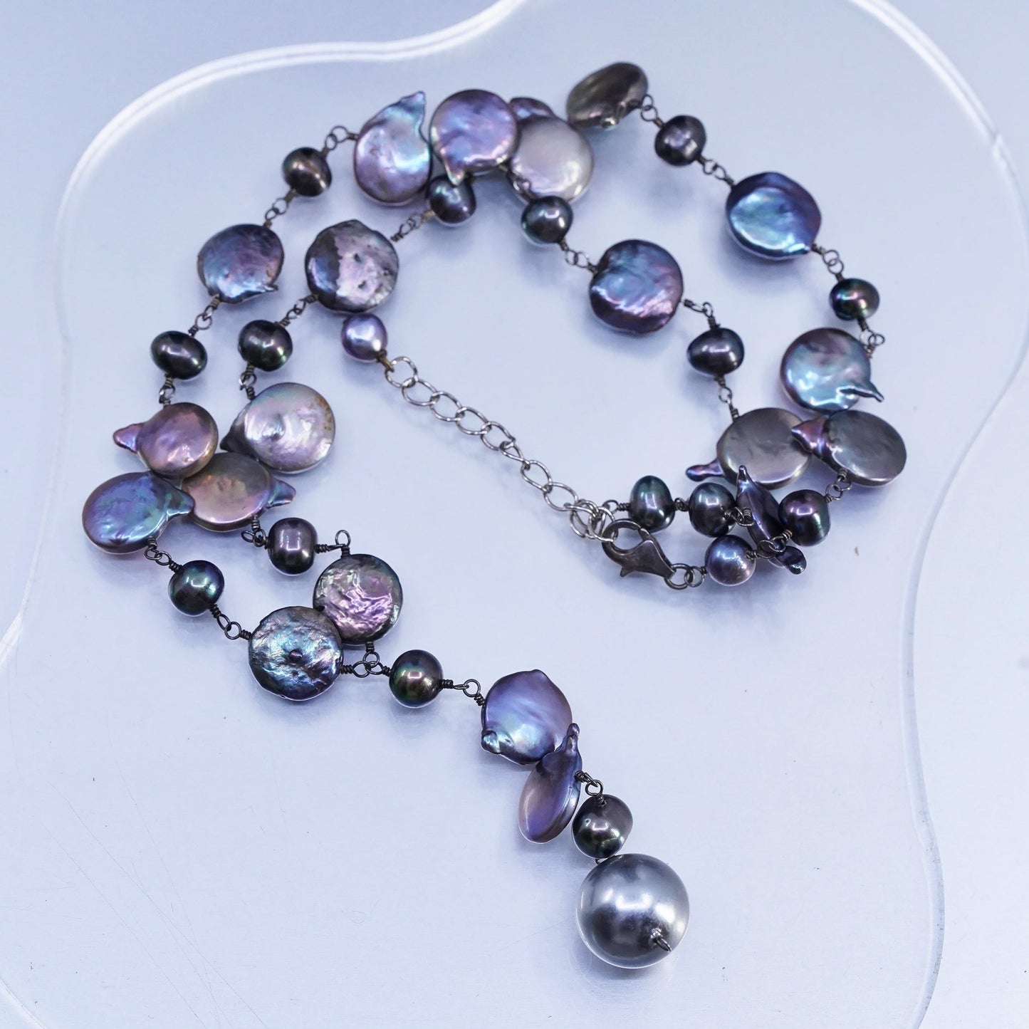 18+2" Vintage Sterling 925 silver handmade necklace black baroque pearl beads