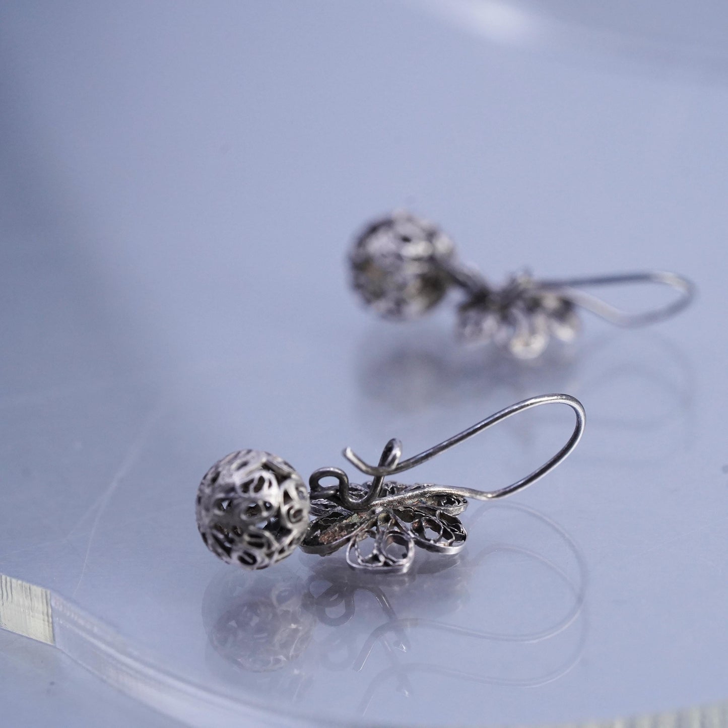Vintage Sterling 925 silver handmade filigree flower and bead earrings