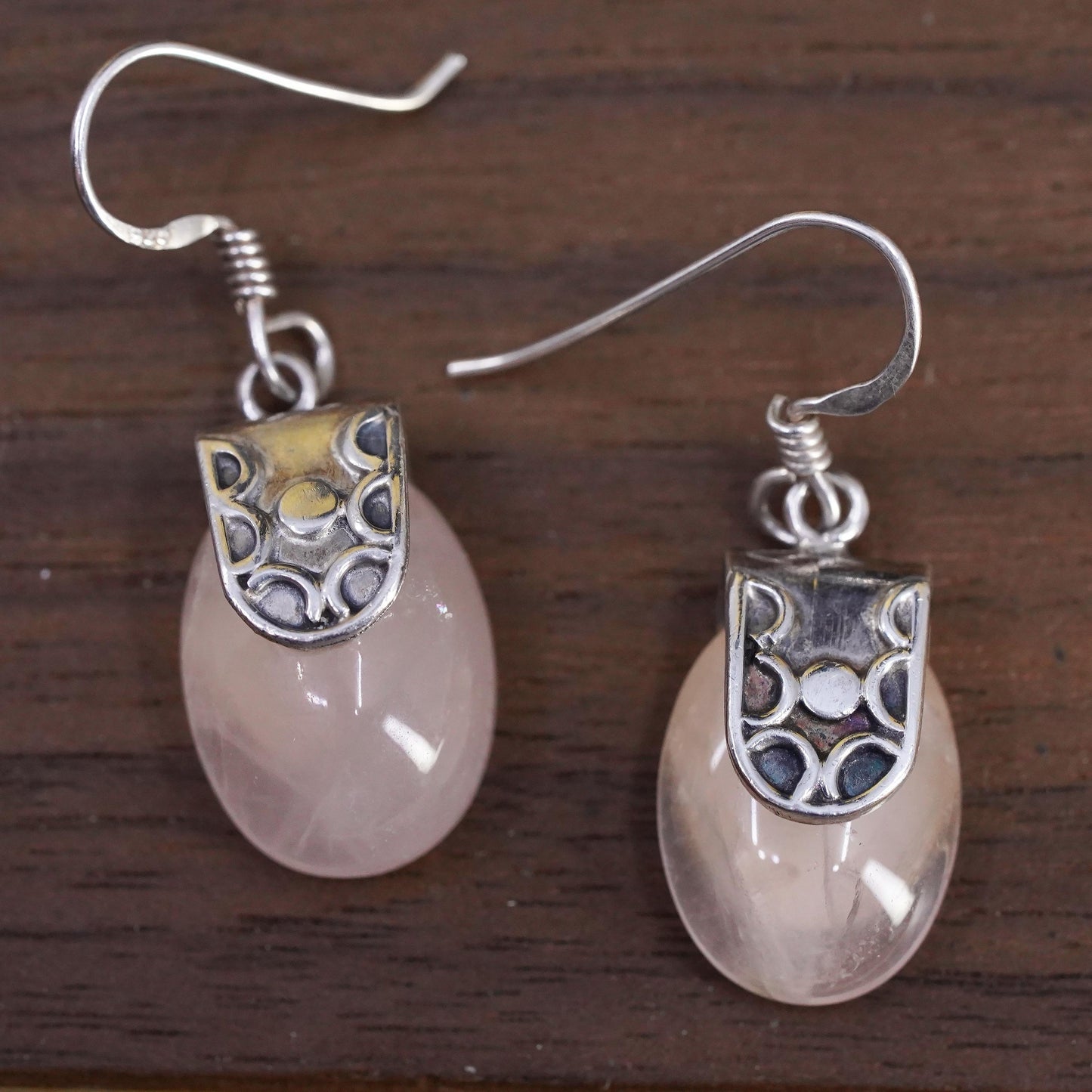 Vintage Sterling 925 silver handmade earrings with pink rose quartz