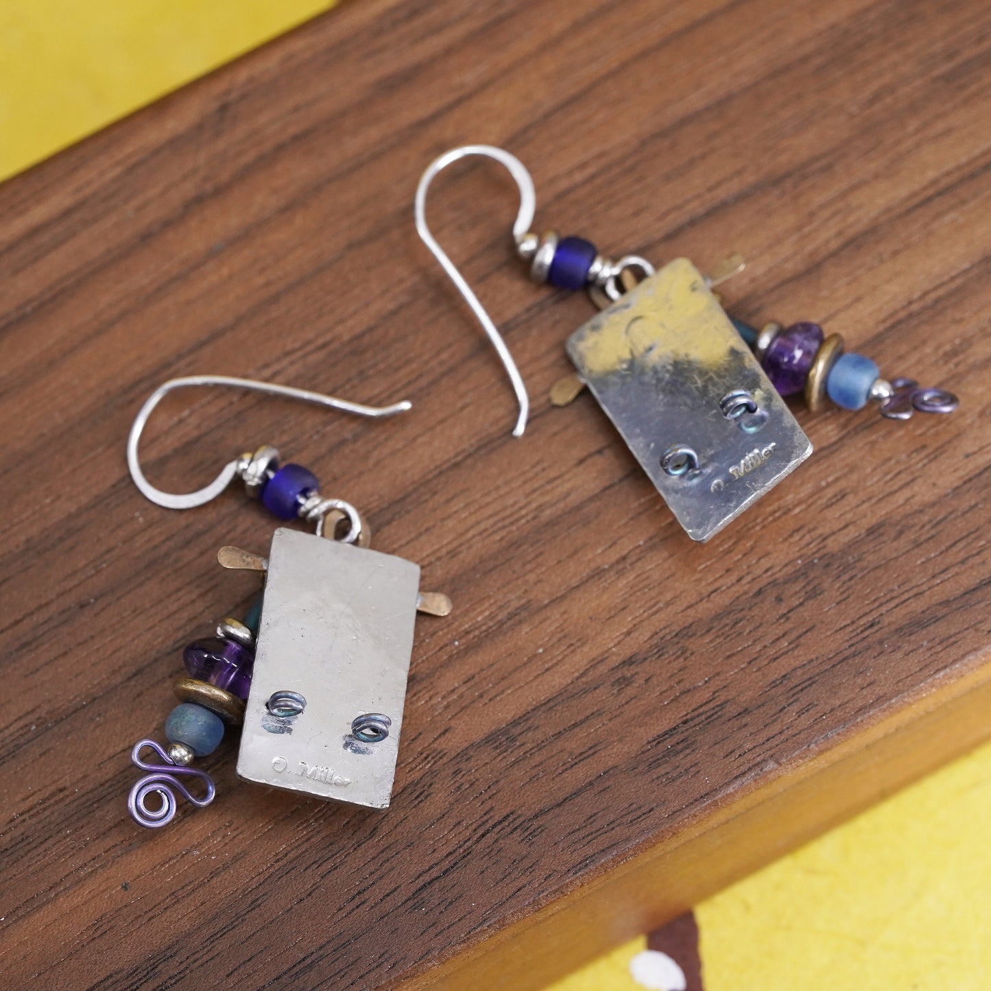 vintage Q. Miller Sterling 925 Silver Hooks with square discs amethyst Beads