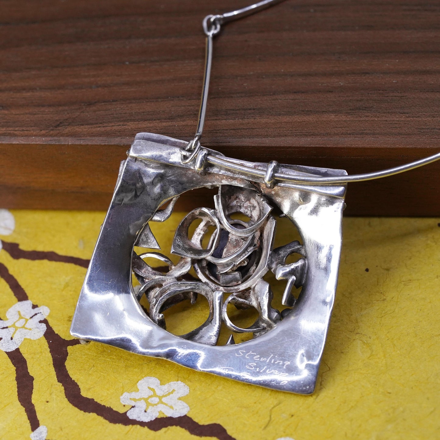 16", Sterling silver brutalism necklace, 925 bar chain oval agate pendant