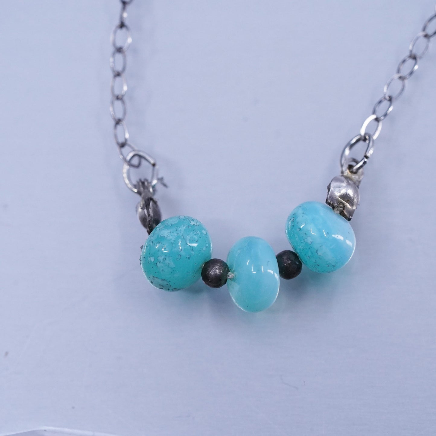 18”, Sterling 925 silver flatten circle chain necklace w/ larimar bead pendant