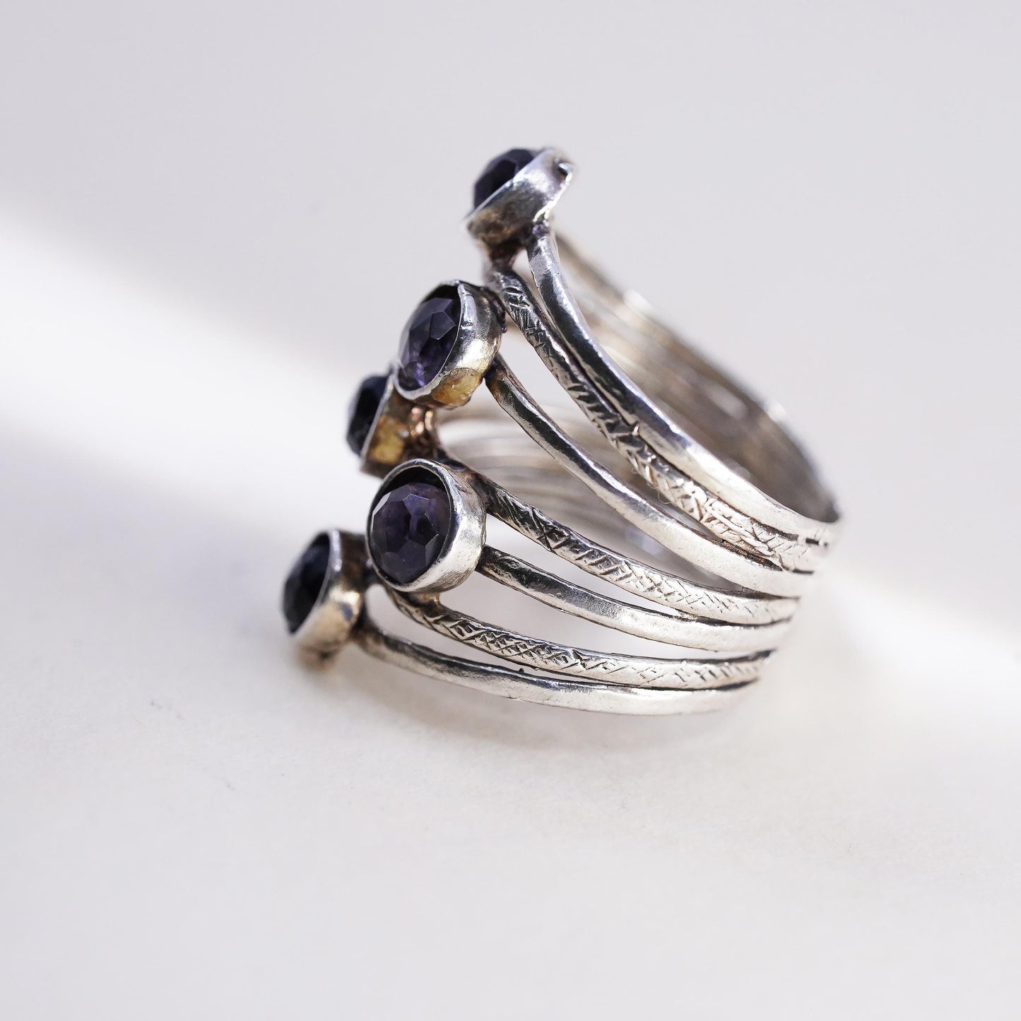 Size 6, VTG Signed Sterling 925 silver cocktail ring amethyst, wide multi band