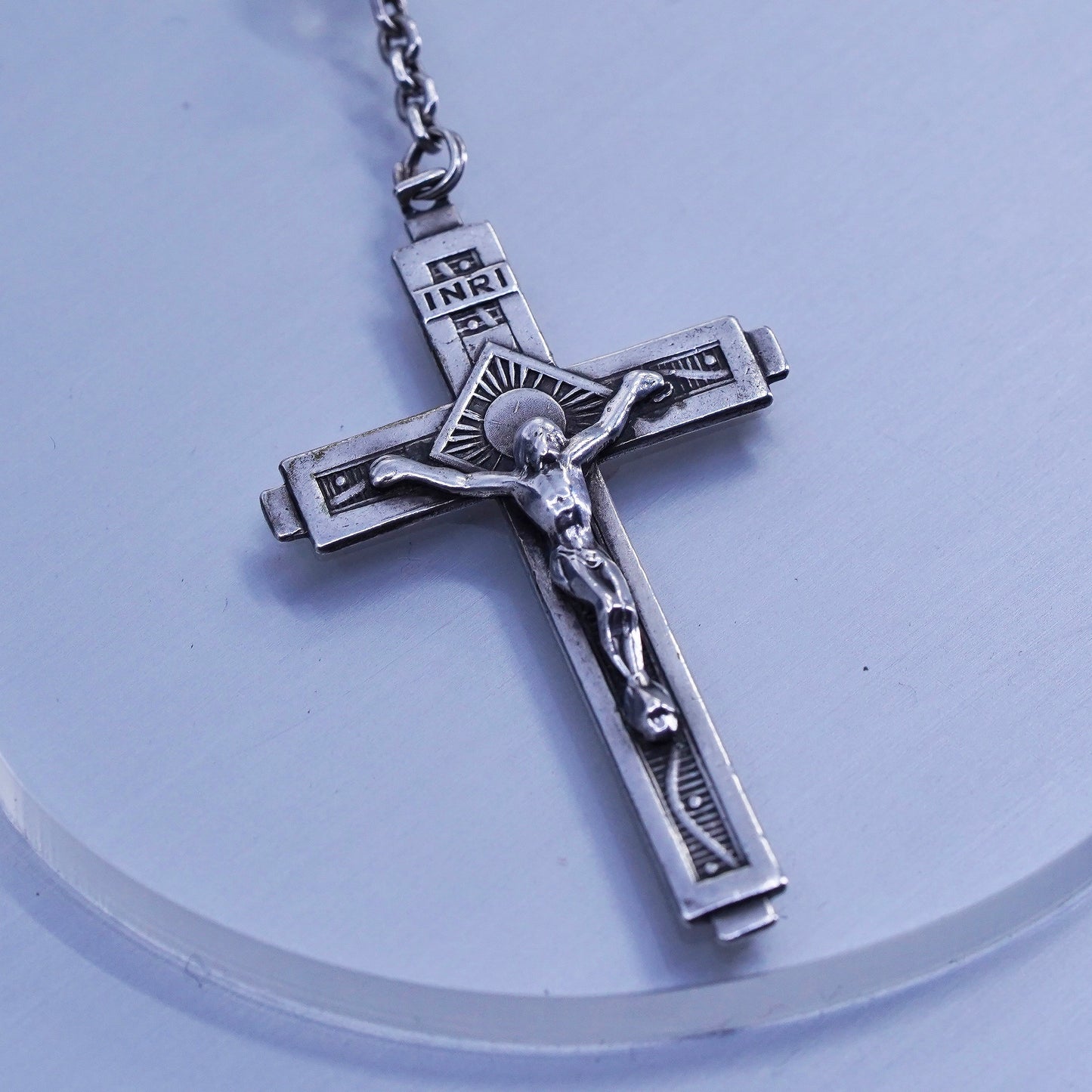 24”, Germany sterling 800 silver rosary necklace bead Jesus cross pendant