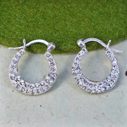 0.75”, Vintage sterling silver earrings, 925 silver hoops, Huggie cluster Cz