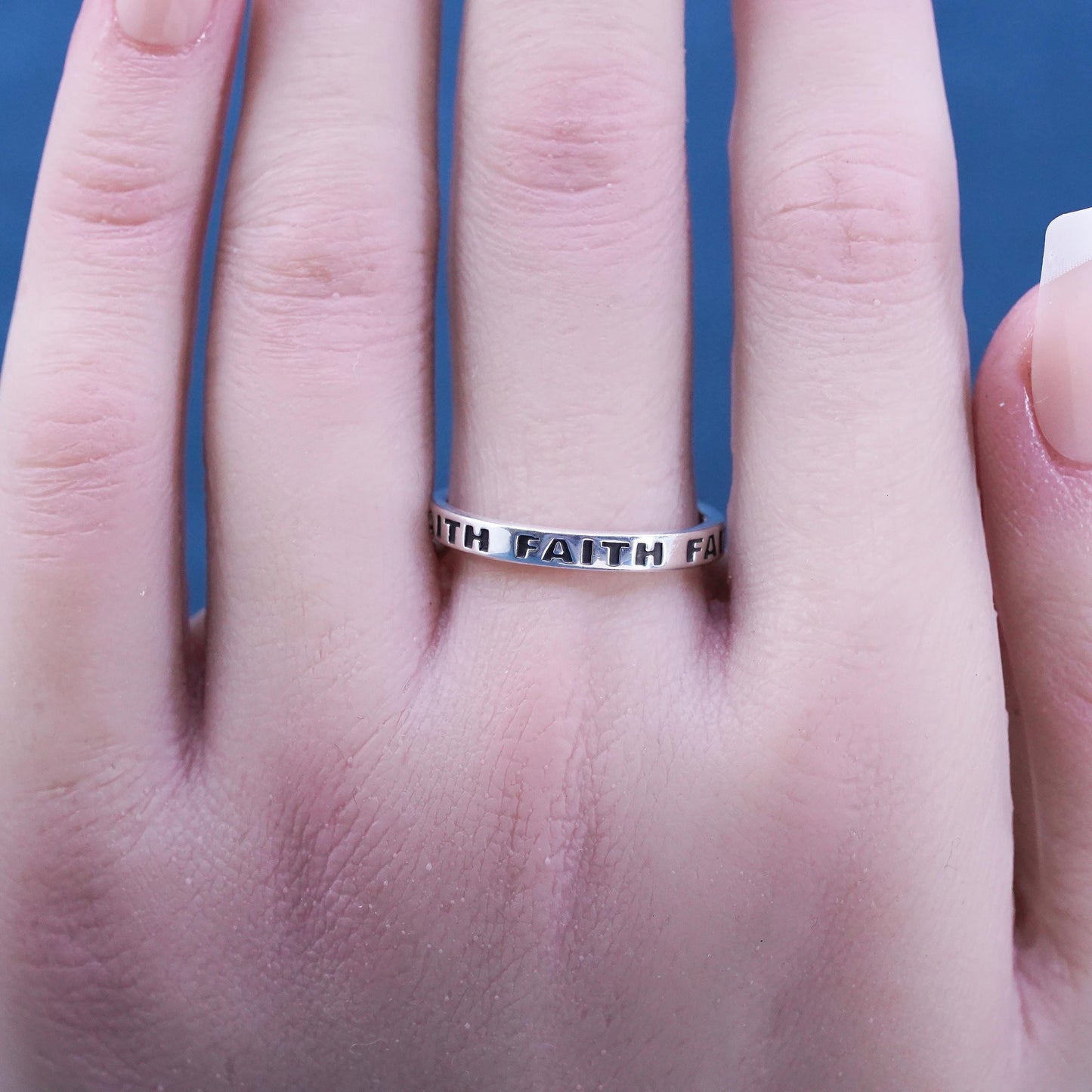 Size 9, vintage Sterling silver handmade ring, 925 stackable band with “Faith"