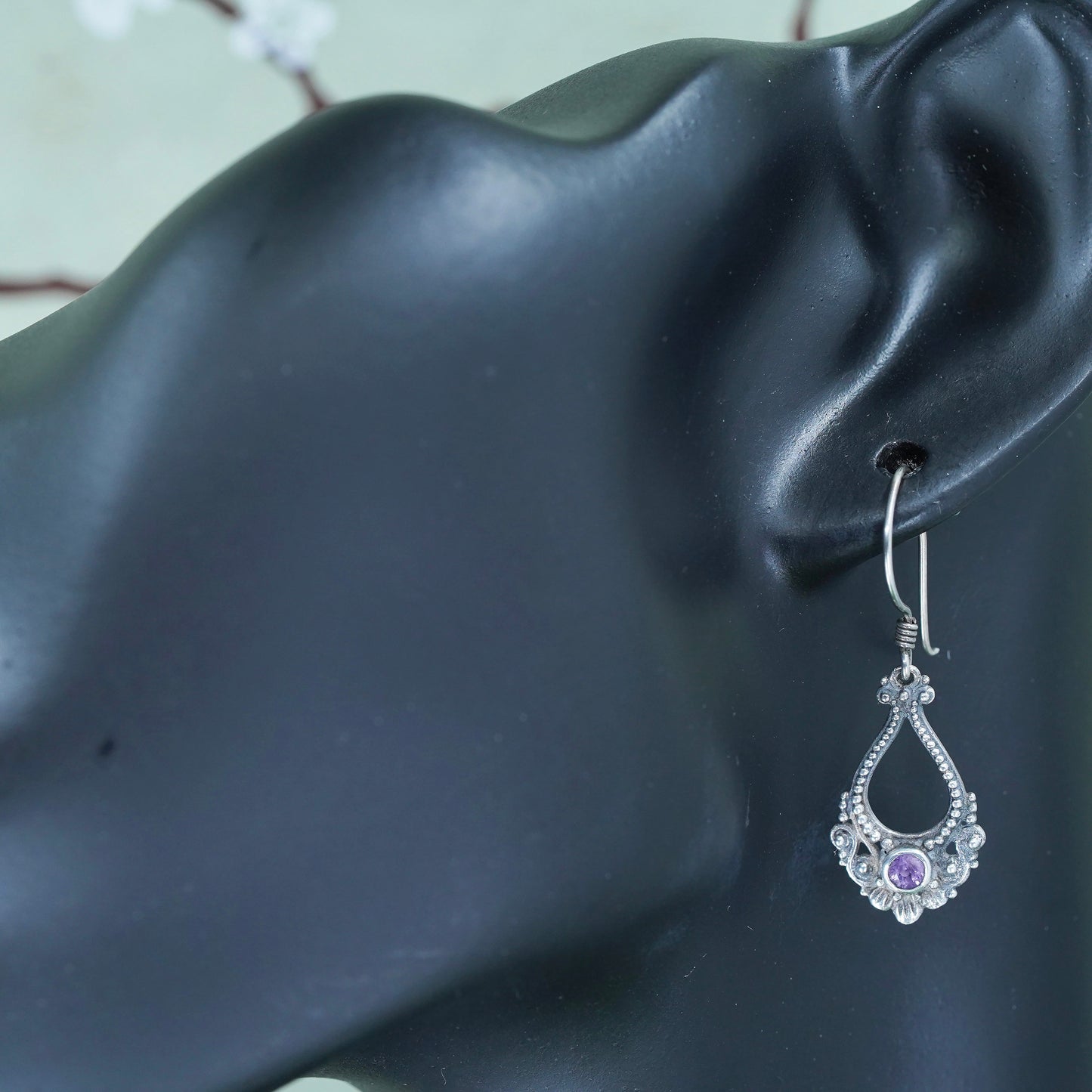 vintage sterling silver handmade earrings, 925 silver beads with amethyst