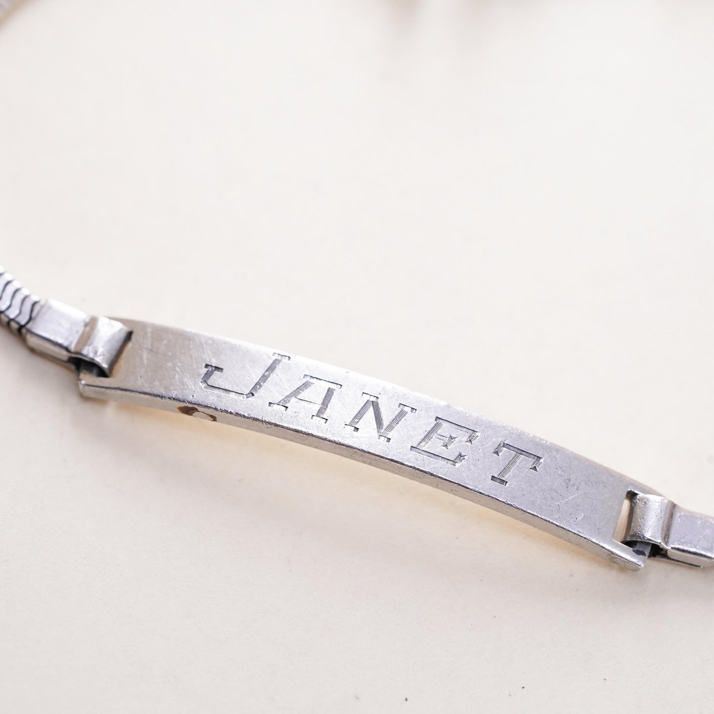 7.5", sterling silver bracelet, Italy 925 square snake chain name tag Janet