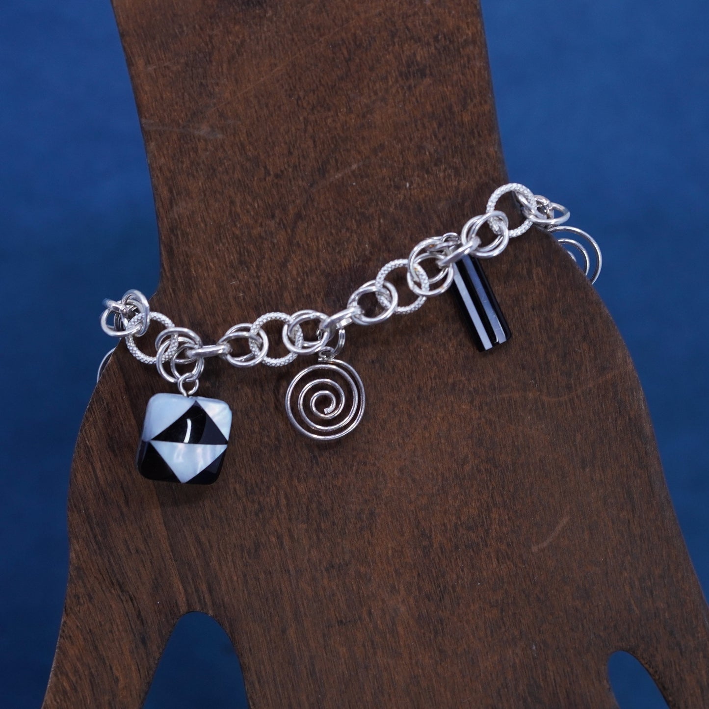 5.5”, Sterling silver bracelet, textured 925 circle chain glass swirly Charms