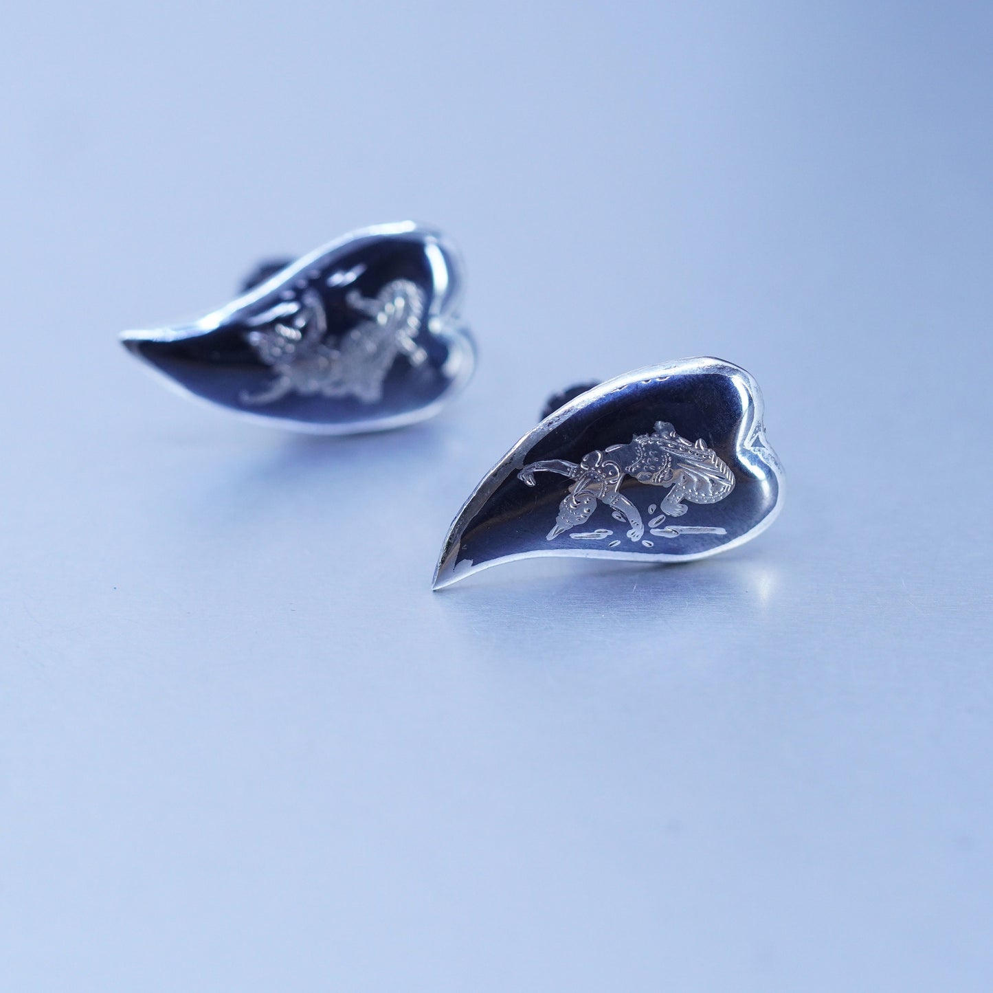 Vintage Siam sterling silver clip on earrings, 925 teardrop earrings, niello